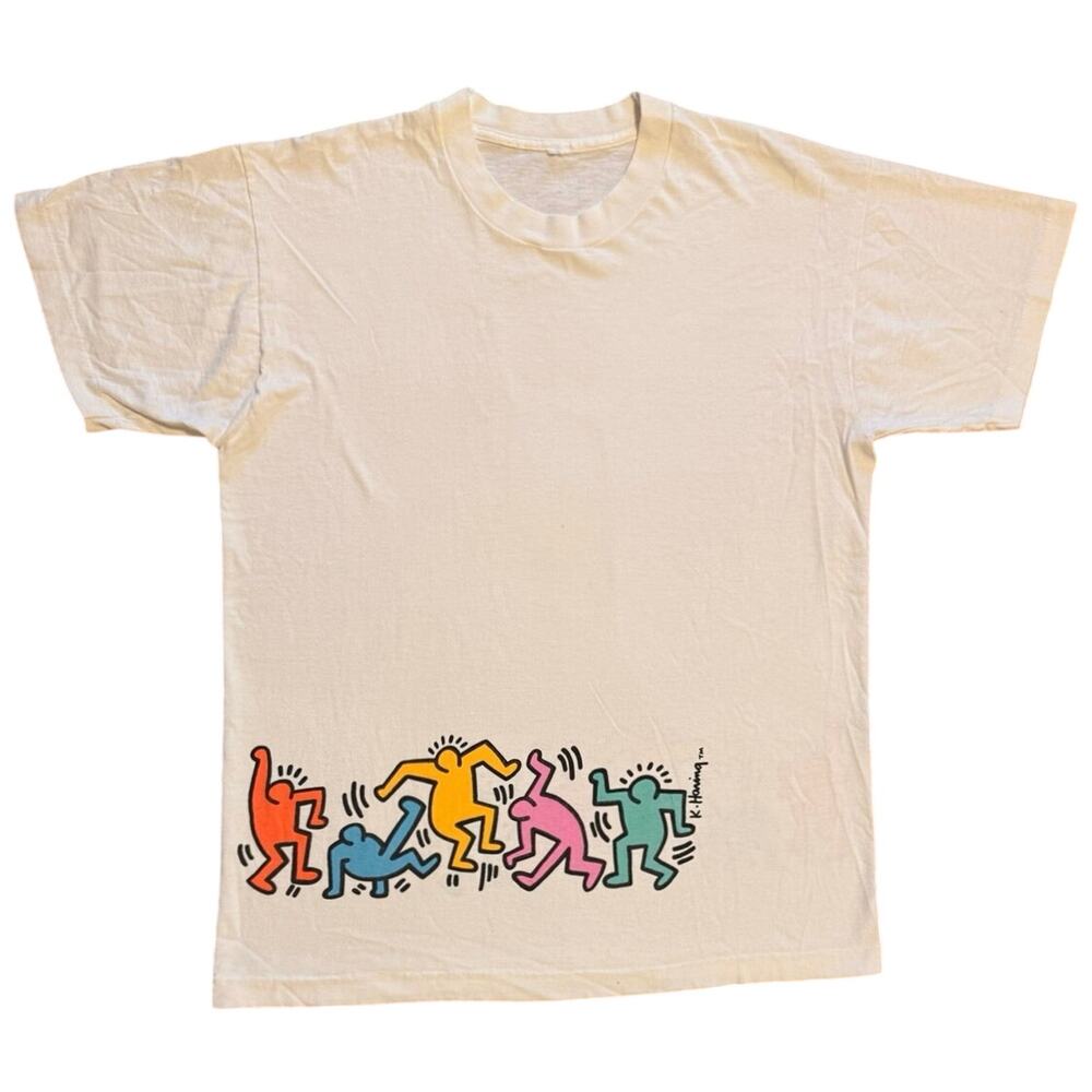 Vintage Keith Haring Pop Art Dancing Figures Double Sided Shirt L 21x27.5 White